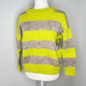 Closed Alpaca Mohair Neon Green Tan Knit Crew Neck Sweater XS